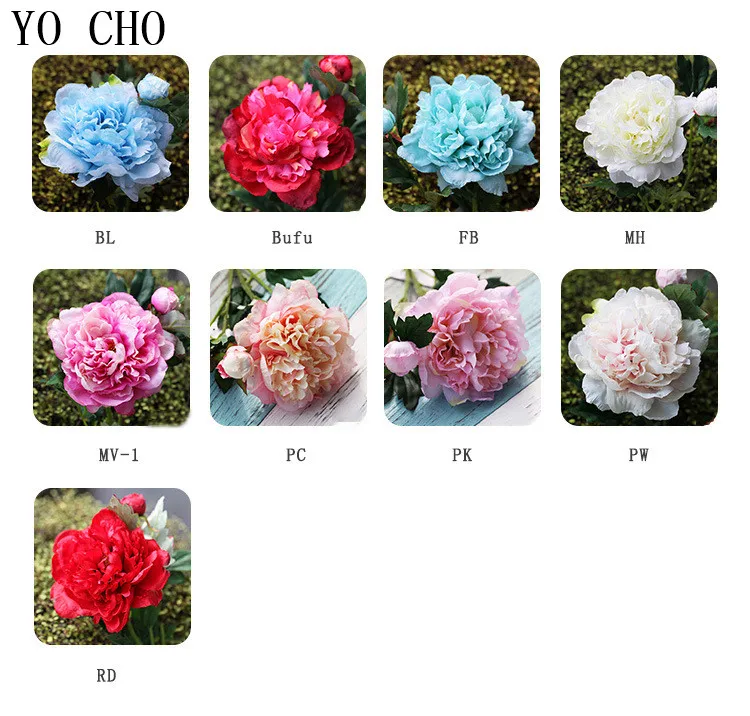 YO CHO Rose Artificial Flowers 3 Heads White Peonies Silk Flowers Red Pink Blue Fake Flower Wedding Decor for Home Peony Bouquet (2)
