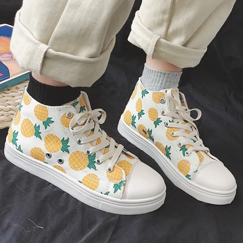 

Cute Printed Women Canvas Shoes Pineapple Strawberry Pattern Casual Shoes For Female Lace-up Student Flats New Footwear ks908-2w