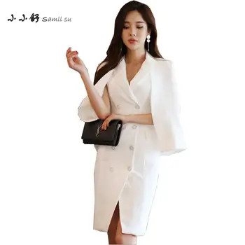 

Small Su 2 Piece Autumn Womens White Dresses Office Cloak Sleeveless Bandage Double Breasted Party Tank Sundress 2017 Vestidos