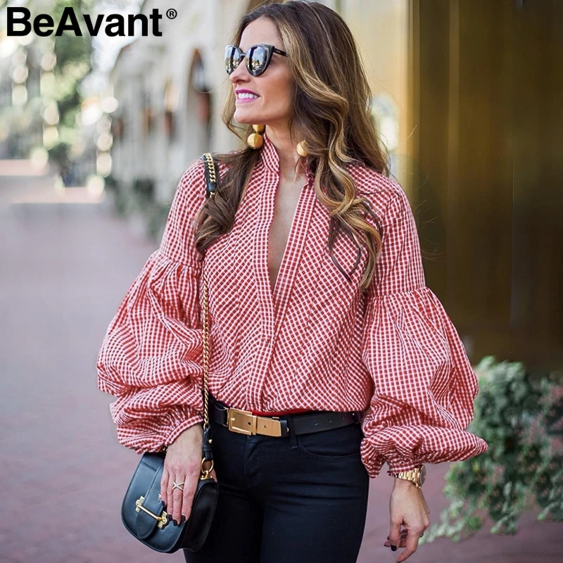 BeAvant Plaid v neck black blouse shirts Women puff sleeve summer blouse tops 2018 Causal striped blue blusas tops shirts female