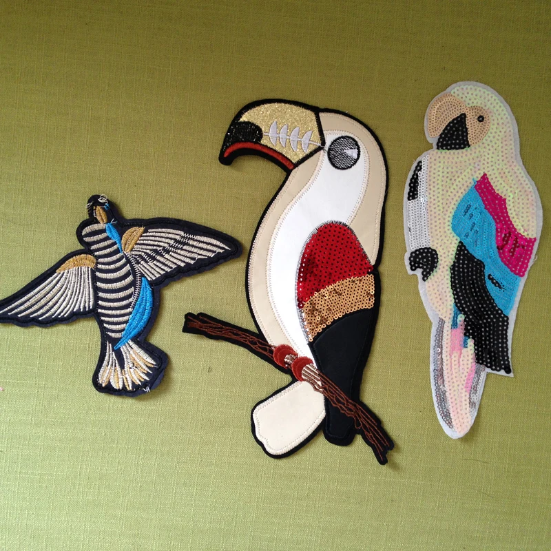 3pcs parches bordados Mix Sequin Patches Bird Parrot Embroidery Glitter