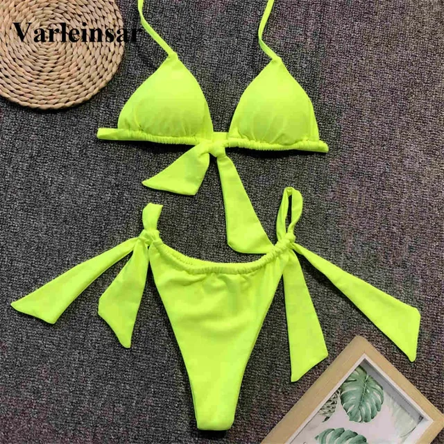 Neon Green Knotted Bikini 2019 Female Swimsuit Women Swimwear Two