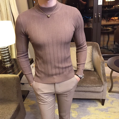 Осень и зима мужской модный бутик хлопок сплошной цвет британский джентльмен вязаный свитер/Мужской Повседневный свитер с капюшоном - Цвет: Brown