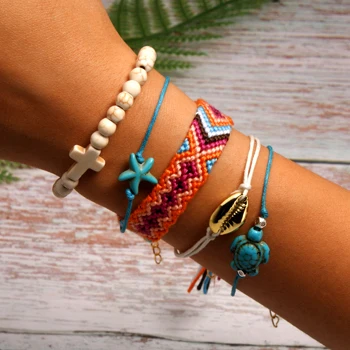 MOON GIRL 5 Pieces Puka Shell Bracelet Set Turtle Starfish Cross Beads Boho Weave Bracelet for Women Friendship Jewelry Dropship - Metal Color: 6