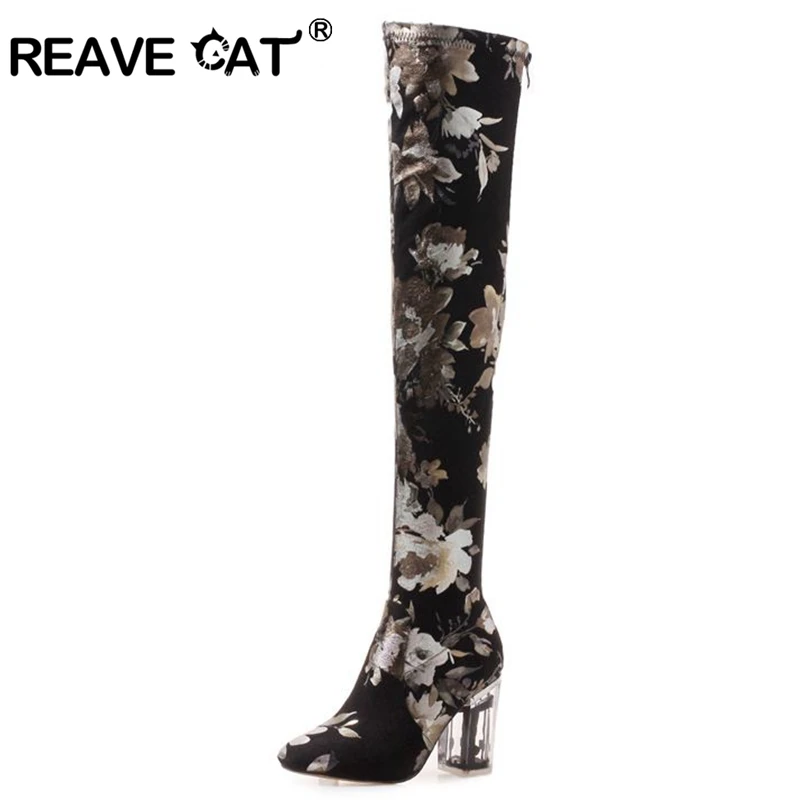 

REAVE CAT Slouchy Boot over the knee thigh high boots woman Round toe Zip Clear Square Block heel colorful Stretch fabric
