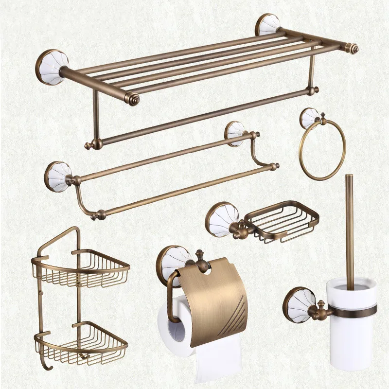 Antique Brass Bathroom Accessories Set Flowera Base Porcelain Bathroom