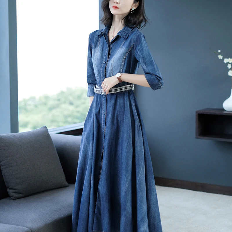 Dress Women Boho Long Denim Vestidos Half Sleeve A-line Blue Elegant Vintage Denim Jeans Dresses