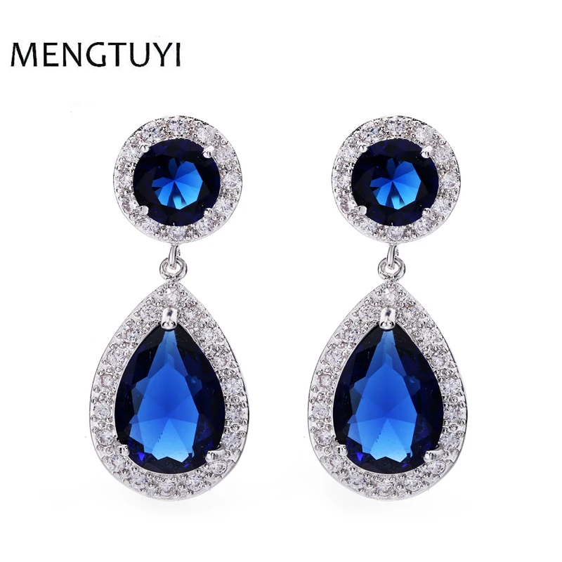 

J store Zircons Brand Classic Red Purple Green Large CZ Crystal Long Drop Earrings For Women Fashion Zirconia Jewelry