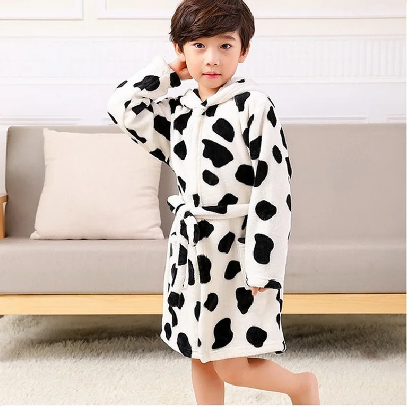 Kids Flannel Cow Spot Robe Floral Casual Boys' Pajamas Children's Nightdress Leopard Style Long Sleeved Baby Robe (1~4) Night