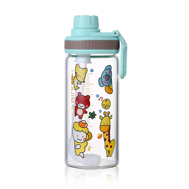 ONEISALL стеклянная бутылка для воды с милым мультяшным принтом с соломинкой портативная детская и Женская посуда для напитков 500 мл My Sports бутылки для воды - Цвет: Синий