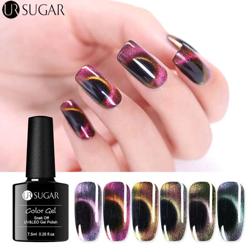 

UR SUGAR 7.5ml Chameleon 3D Cat Eye Gel Nail Polish Holographic Magnetic Soak Off UV Gel Varnish Magnet Stick Black Based Need