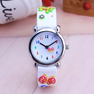 Детские подарки для девочек, кварцевые часы с силиконовым ремешком, 3D мультяшная бабочка, модный указатель, водонепроницаемые часы, электронные часы - Цвет: Белый