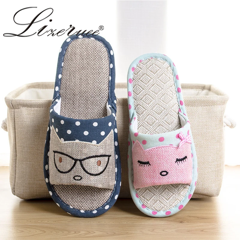

Lizeruee 2019 New Flax Home Slippers Indoor Lovers Shoes Silent Cartoon Cat Slippers Summer Women Sandals Linen Slippers WS133