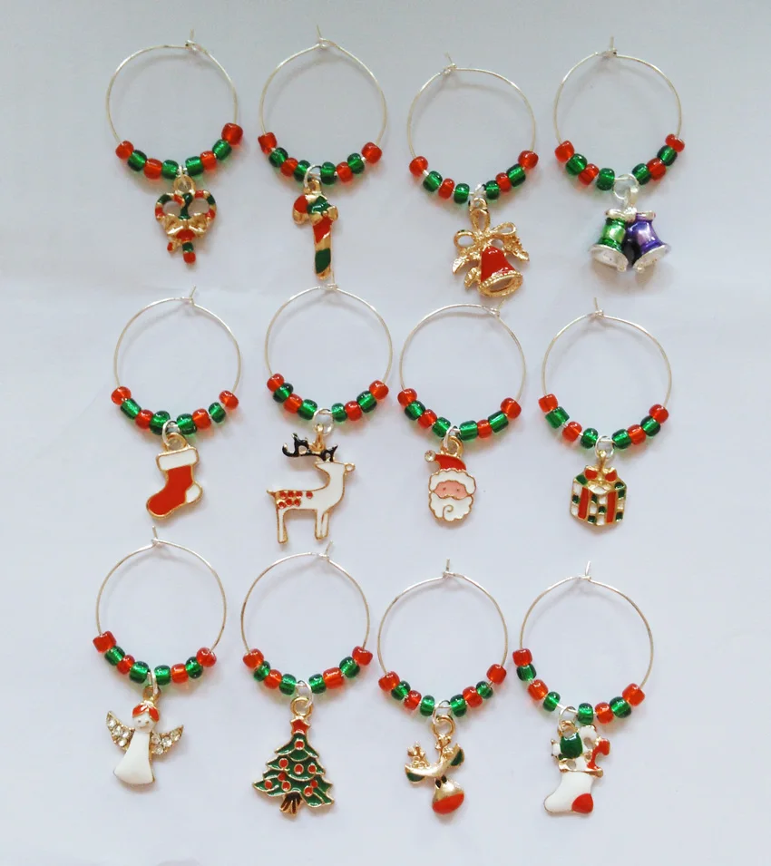 12pcs/lot Enamel Christmas Wine Glass Charm 25mm Red and Green glass