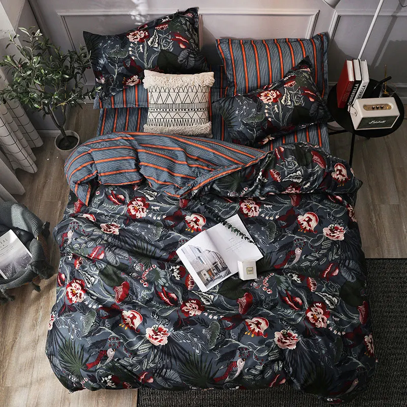 

SJ 3/4pcs/Set AB Side Flowers Leaves Comforter Bedding Sets Queen Cotton Duvet Cover Set Bed Linen Home Textile