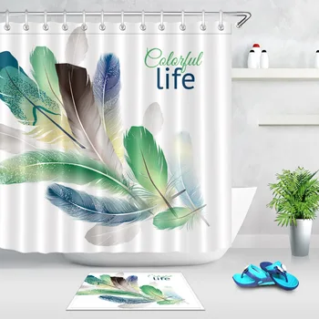 

Colorful Feathers Realistic Design Shower Curtain with Rug Set White Bathroom Waterproof Polyester Fabric for Art Bathtub Decor