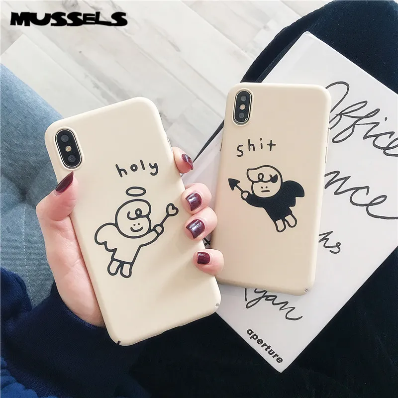 

MUSSELS PC Cartoon Phone Case For iPhone X XR XS Max 7 8 6 6s Plus Back Cover Angel Couple Plastic Phone Cover Shell Fundas Capa