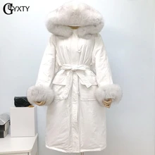 GBYXTY настоящий большой Лисий меховой воротник толстый длинный пуховик Winer женский с капюшоном Пояс перо пуховик Куртка пальто ZA1620