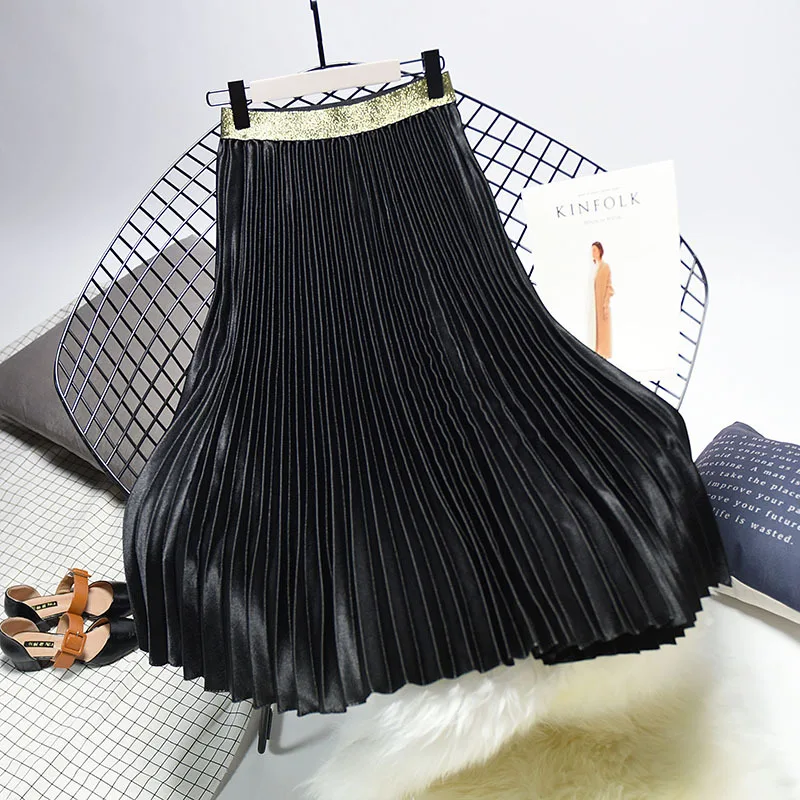 Tataria/Женская юбка с высокой талией; сезон весна-осень; замшевая юбка; длинные плиссированные юбки; Женская Повседневная Однотонная юбка в стиле ретро; юбка цвета металлик - Цвет: Black