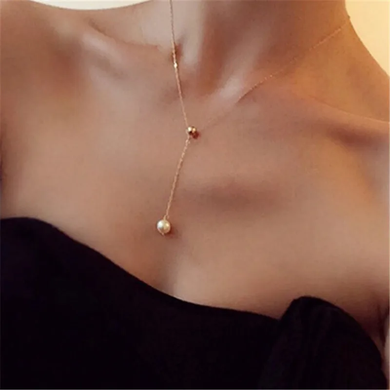 

ZN Fashion Pure Gold Chain Necklace Shell Pearl Beads Pendant Jewelry