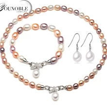 Красивый настоящий натуральный набор из ожерелья и сережек, женский браслет, цветной 925 Серебряный свадебный ювелирный набор, жемчужный юбилей