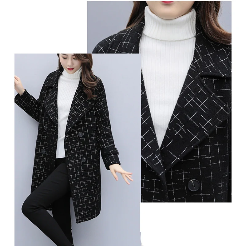 Осеннее тонкое пальто большого размера L-5XL двубортное шерстяное пальто в клетку женское темпераментное новое длинное шерстяное пальто для женщин