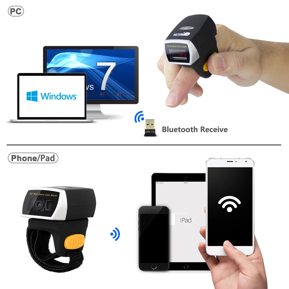 NT-R3 Wearable 1D Bluetooth Barcode Scanner AND NT-R2 Ring Bluetooth 2D QR Barcode Reader AND NT-R3 CCD Scanner NETUM