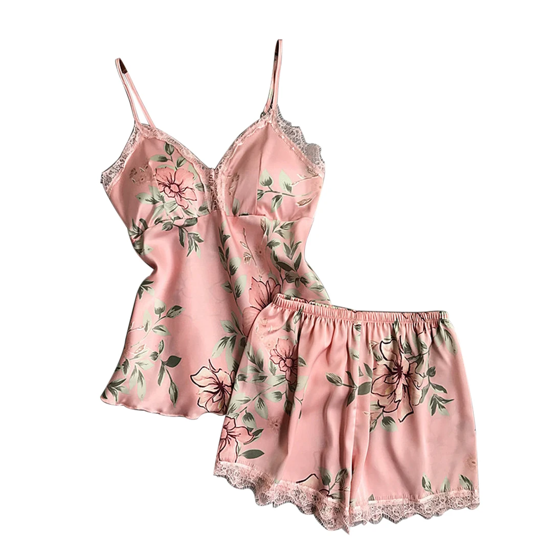 

Women Sexy Lingerie Spaghetti Strap Lace Floral Printed Pajama Set Sleepwear Summer Ladies Night Suit With Shorts Pijama Mujer