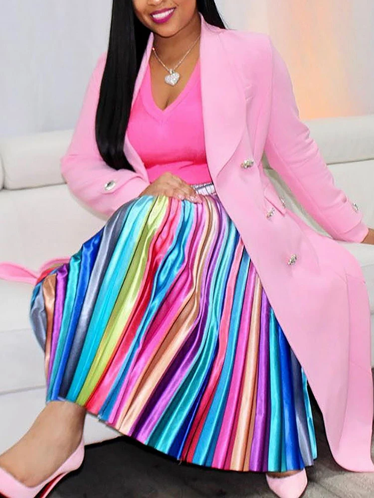 

Women Elegant Rainbow Color Ruffled Casual Skirts Ladies Colorful Striped High Waist Pleated Skirt Summer 2019