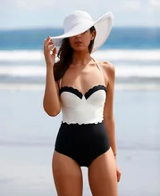 

Maillot De Bain Femme 2018 Sexy One Piece Swimsuit Lace Black and White Mix Swimwear Halter Push Up Retro Bathing Beach Suit