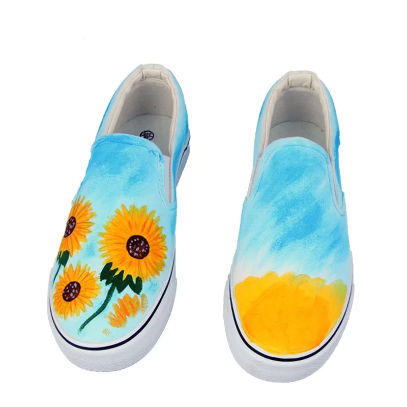 

2017 Summer Women Hand Painted Canvas Shoes Floral Cartoon Casual Flats Loafers Slip on Platform White Size 35-44 loafers