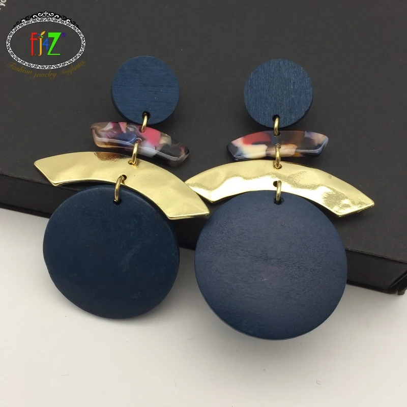 

F.J4Z Original Drop Earrings for Women Fashion Gorgeous Wooden Circles Resin Arc Statement Earrings pendientes grandes mujeres