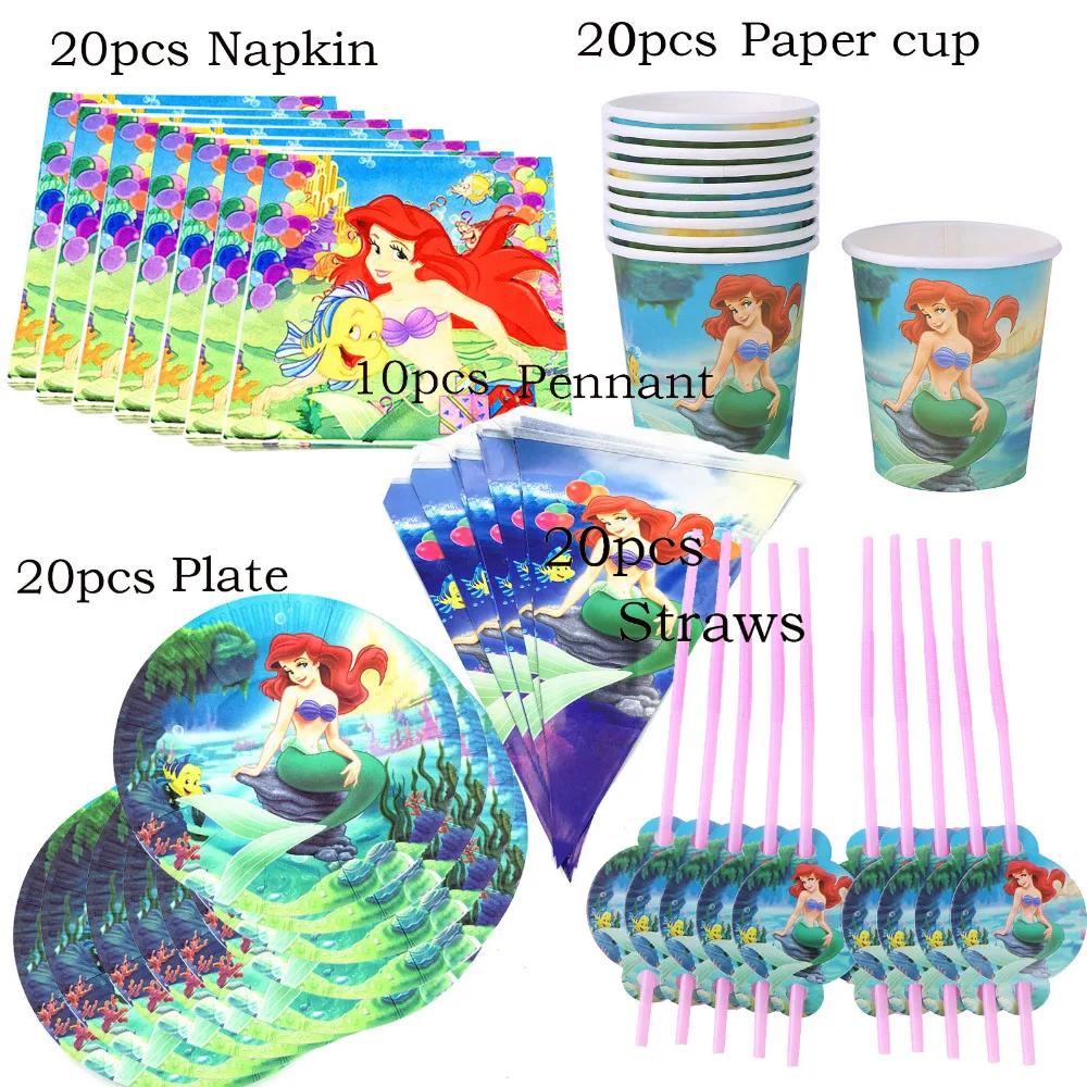 

90pcs Pretty Mermaid Ariel Disposable Tableware set Napkins Cups Plate Straws Banner Flag Kids Girl Birthday Party supplies