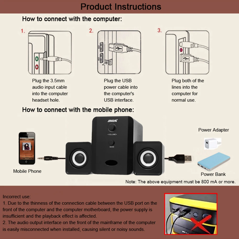 SADA D-201 USB проводной динамик компьютер Bluetooth динамик s бас музыкальный плеер комбинированный динамик сабвуфер звуковая коробка для ПК ноутбука