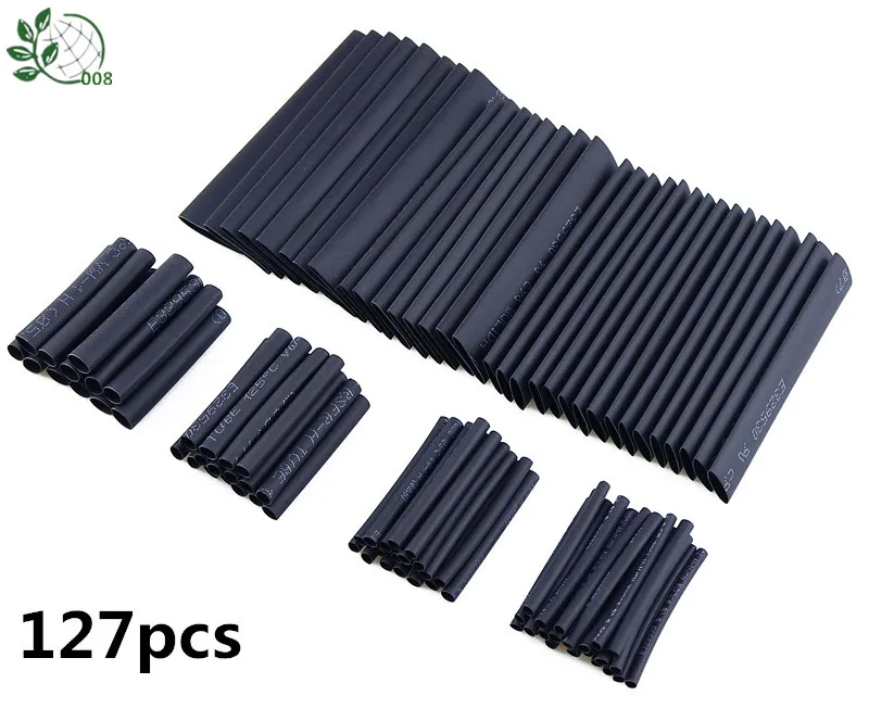 

127pcs Black 7 Sizes Insulation Assortment Polyolefin H 2:1 Electronic Heat Shrink Tubing Tube Sleeve Wrap Wire Cable Kit Top