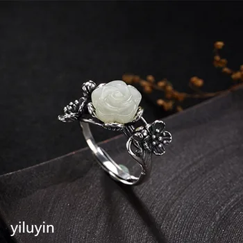 

KJJEAXCMY boutique jewelry S925 Sterling Silver Antique inlaid and jade white jade rose lady's open ring finger ring