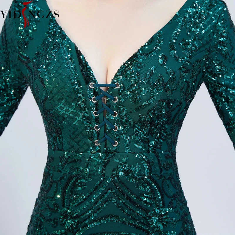 Вечерние платья с v-образным вырезом и зелеными блестками, YIDINGZS сексуальное длинное вечернее платье с рукавом средней длины YD16218