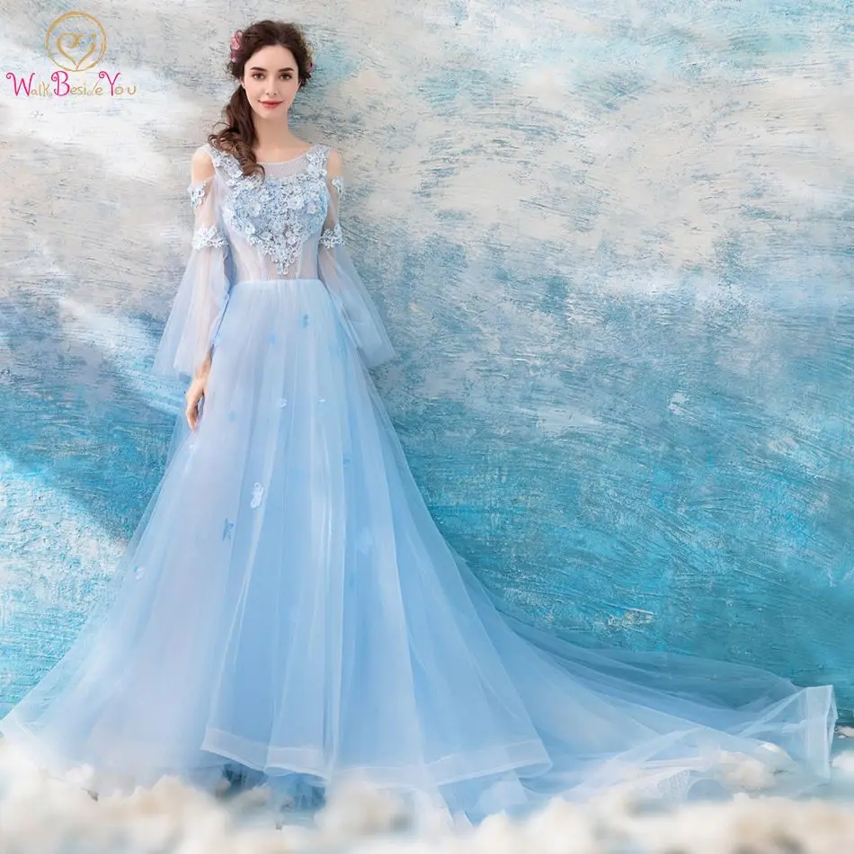 

Walk Beside You Sky Blue Prom Dresses Lace Applique Off Shoulder Long Sleeves Transparent with Floral Evening Gowns robe soiree