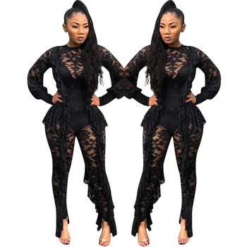 

new black sexy jumpsuit club ladies tight bodysuit tassel long sleeve lace perspective nightclub clothing jumpsuit