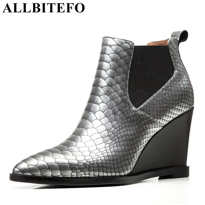 

ALLBITEFO new arrive snake skin pointed toe wedges heel platform women boots high heels ankle boots winter boots bota de neve