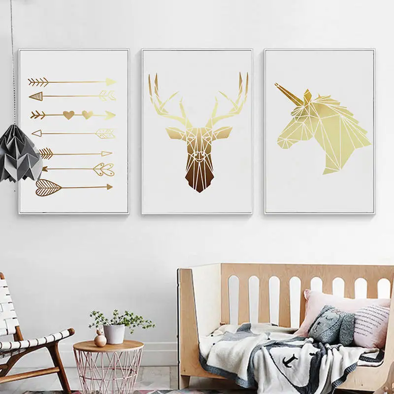 

Minimalist Deocrative Canvas Image Golden Sketch Of Deer Horse Head Different Shapes Of Arrows For Home Hallway Room Decor