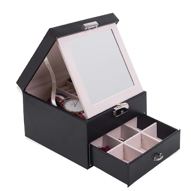 

2018 Leather Jewelry Box With Mirror Women PU Jewelry Display Box Drawer Organizer Box Double Layers Storage Bracelet Ring Case