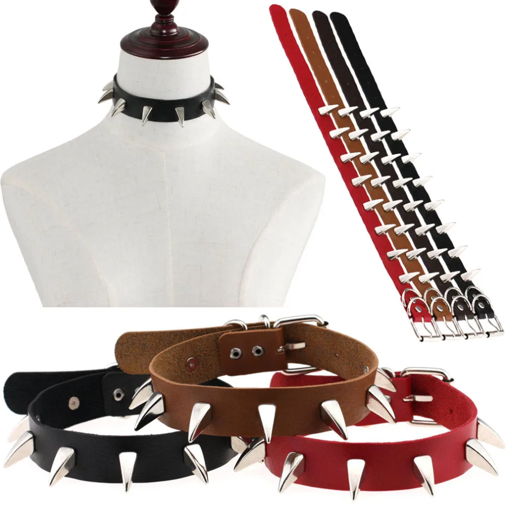 

New Design Trendy Punk Lady Women Gothic Rock PU Leather Horns Rivet Choker Necklaces Harajuku Chain Spike Rivet Buckle Collar