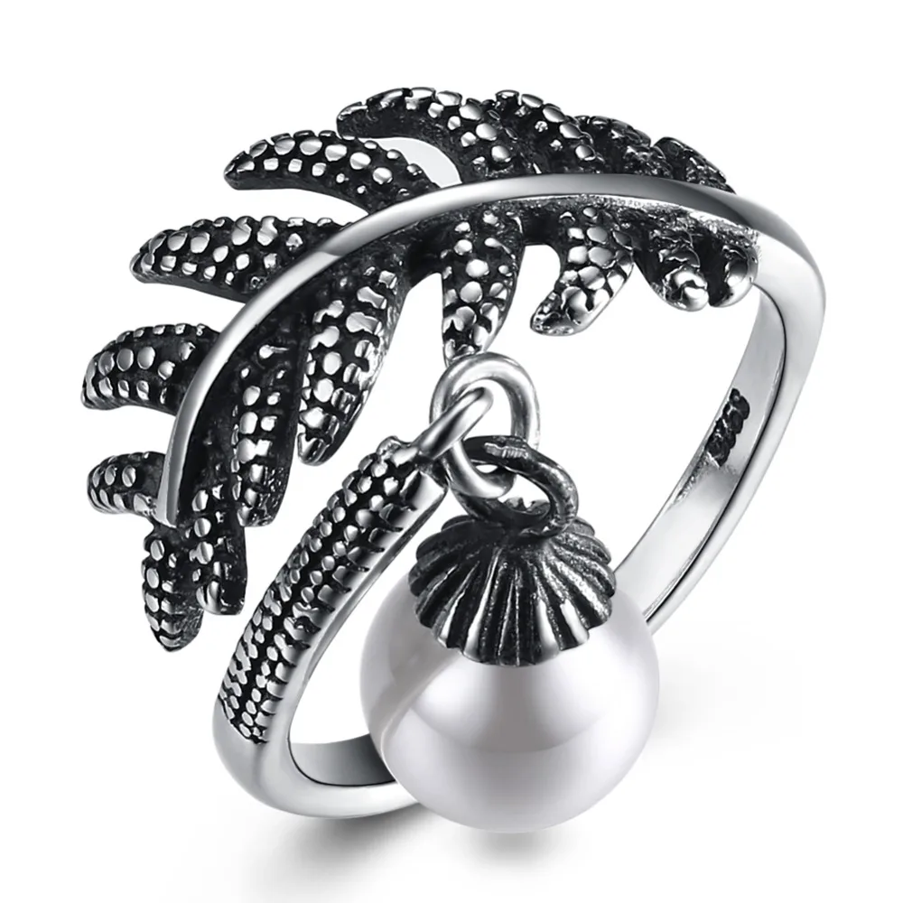 

GOMAYA 2018 Vintage Leaf Shape with Pearl 925 Sterling Silver Rings For Cool Man Adjustable Romantic Fine Jewelry