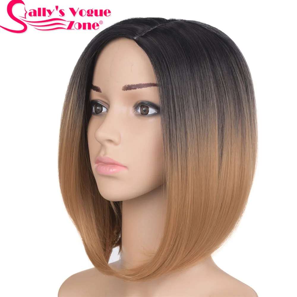 

Sallyhair Middle Part 12inch Japanese High Temperature Fiber Synthetic Short Ombre Black Dark Blonde Color Bob Wig For Women