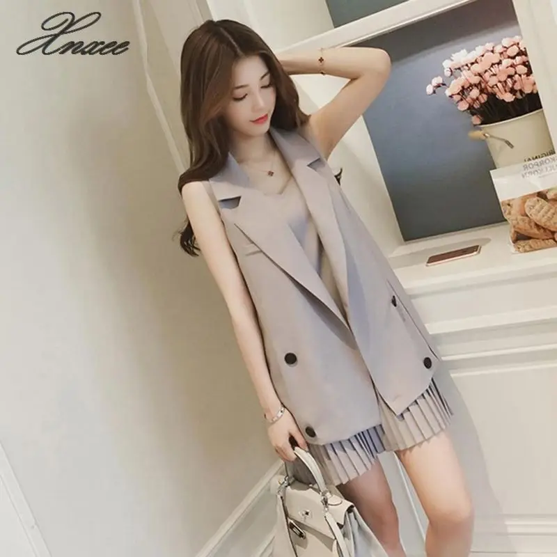 

Summer 2 Piece Sets Women Long Vest Jacket + Pleated Dress New Fashion Women's Suit