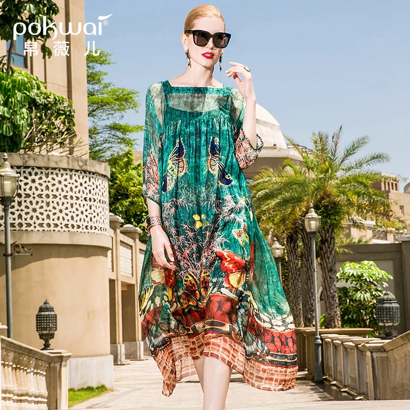 

POKWAI Casual Animal Print Women Summer A-Line Silk Dress 2018 New Fashion High Quality Half Sleeve Square Collar Dresses