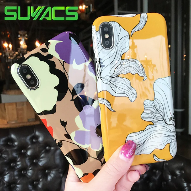 

SUYACS Glossy Phone Case For iPhone XR XS Max 6 6S 7 8 Plus X Beautiful Flowers Soft IMD Phone Back Cover Cases Shells Coque