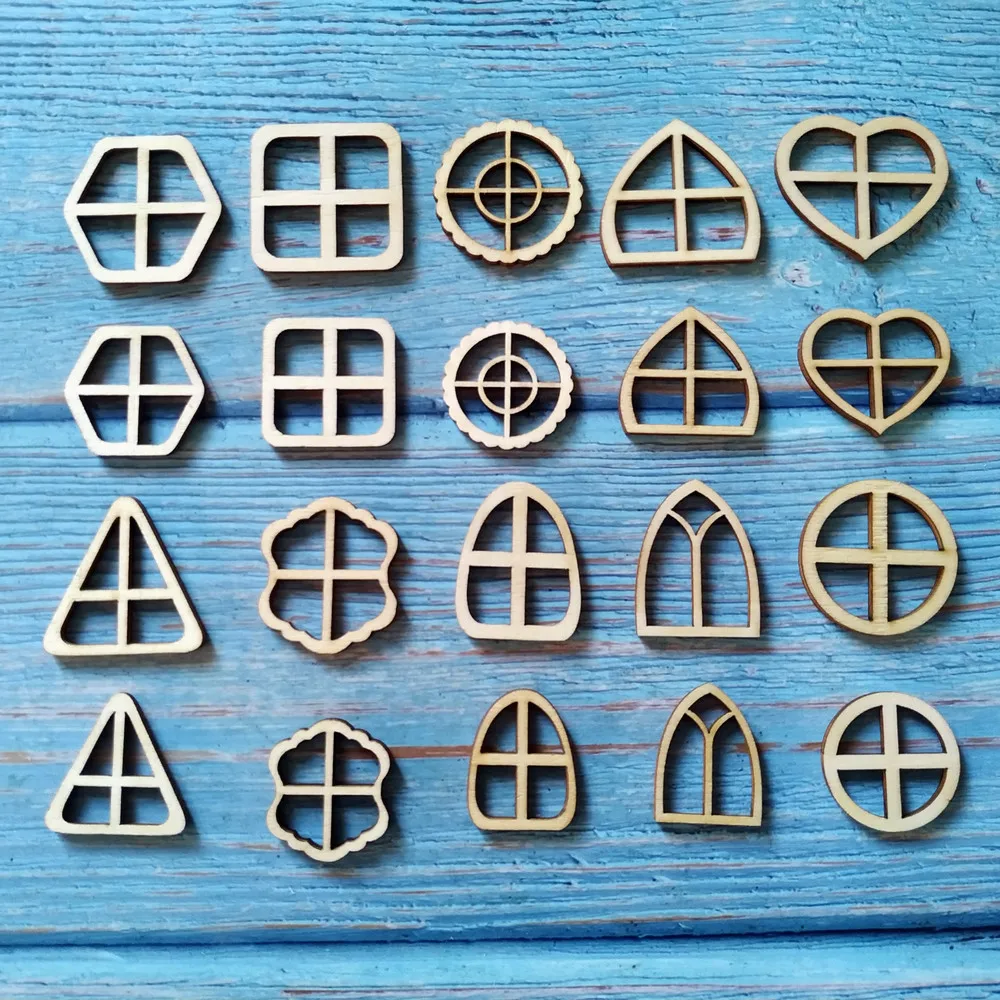 

20pcs Wooden Fairy Window Embellishments Blank Shapes Windows Cut Out DIY Craft Fairy Door Decoration