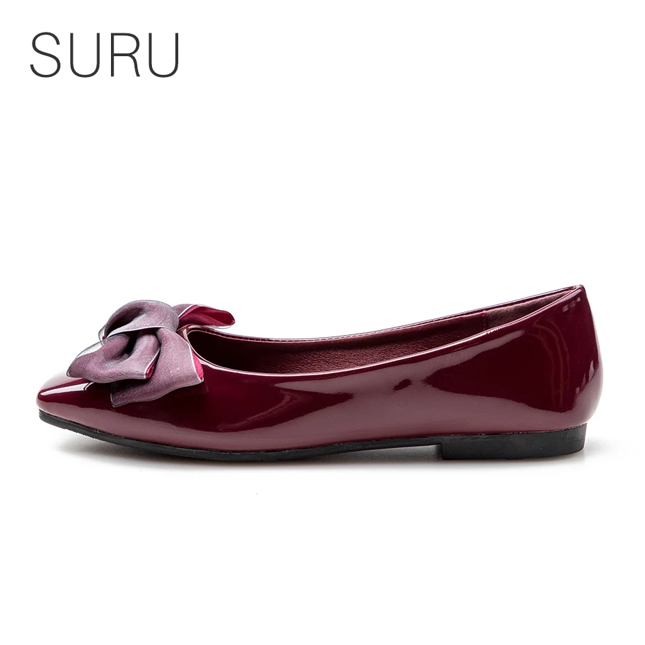 

SURU Woman Square Toe Butterfly Knot Ballerina Shoes With Bow Detail Branded Insole Slip-on Style a nd Flat Sole Wine-red Black